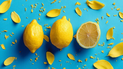 Vivid citrus summer composition of lemons and scattered yellow petals, artistic flat lay on bright blue backdrop, modern minimal stock photo