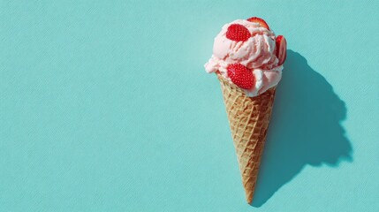 Waffle cone filled with strawberry ice cream on pastel turquoise background, minimal soft light, playful summer dessert photography