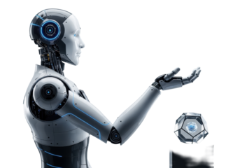 Sleek humanoid robot, metallic white/grey, blue accents, right arm extended, showcasing a faceted data crystal on a matte black display base, seamless transparent background. Futuristic product