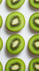 Fototapeta premium Green kiwi slices with black seeds arranged neatly on a white background. 