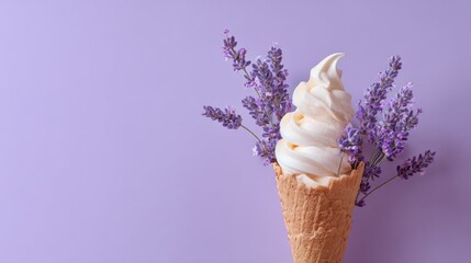 Waffle cone with soft serve ice cream on pastel lavender background, simple minimal composition, sweet summer vibe stock photo