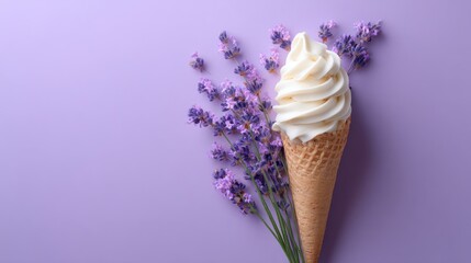 Waffle cone with soft serve ice cream on pastel lavender background, simple minimal composition, sweet summer vibe stock photo