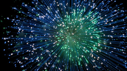 Vibrant fireworks display with blue and green sparks radiating outward, creating stunning visual effect against dark background. dynamic bursts evoke excitement and celebration