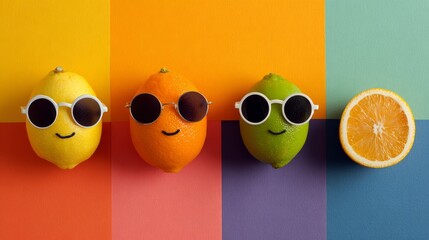 Whimsical citrus fruits wearing cool sunglasses in a flat lay arrangement on bold backgrounds, cheerful playful stock image