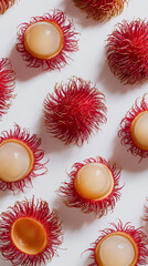 Red rambutans with hairy skin and peeled fruits showing white flesh on a white background. 
