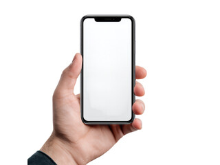 Human hand holding modern smartphone with blank screen mobile device, Isolated, Png Transparent Background