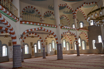Türkiye, Side, August 23, 2025 Fatih Camii Mosque in Side, interior of the mosque