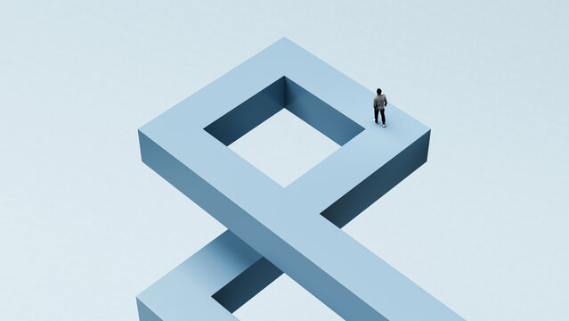 Man walking on looping path illusion, business complexity challenges right direction, 3d render