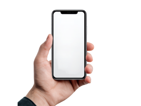 Human hand holding modern smartphone with blank screen mobile device, Isolated, Png Transparent Background