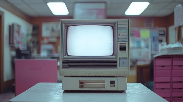 Vintage computer sits on table in a room with paper and cabinets.