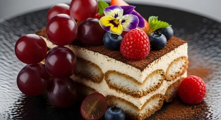 Delicious slice of tiramisu cake adorned with fresh berries and grapes