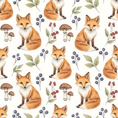 Watercolor Woodland Pattern with Foxes Mushrooms and Berries Seamless Cute Nature Theme for Fabric Wallpaper and Design Projects