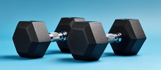 Two hexagonal dumbbells, black with silver handles, rest on a smooth, blue background