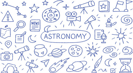 Blue hand-drawn astronomy doodles and text on white background icon drawing
