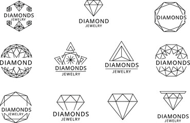 Diamond jewelry logo collection with gemstone design, luxury emblem, crystal shape, fashion accessory, elegant branding, precious stone vector illustration