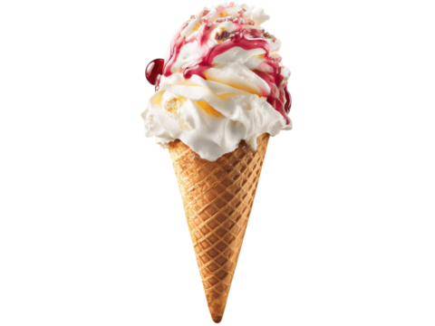 Creamy vanilla ice cream cone with cherry and berry topping image, Isolated, Png Transparent Background