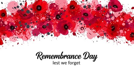 Vibrant red poppy flowers with artistic watercolor splashes creating a poignant design for Remembrance Day, honoring sacrifices and promoting reflection