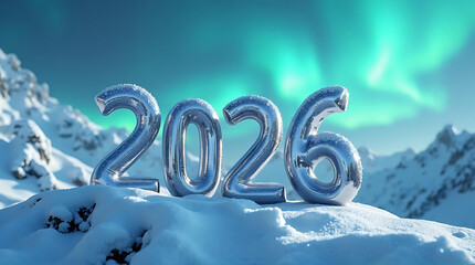Shiny silver balloons spelling out "2026" sit atop a snowy mountain peak under a vibrant aurora borealis sky.