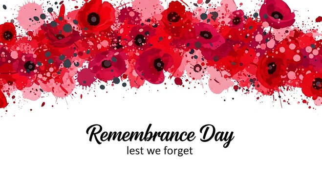 Vibrant red poppy flowers with artistic watercolor splashes creating a poignant design for Remembrance Day, honoring sacrifices and promoting reflection