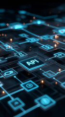 Futuristic digital interface showing API connections in a glowing network. 
