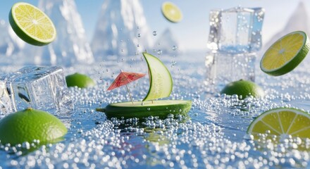 Cucumber Boat Sailing on a Sparkling Sea of Citrus and Ice