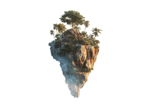 Rocky island with lush green trees and misty base cliff palms, Isolated, Png Transparent Background
