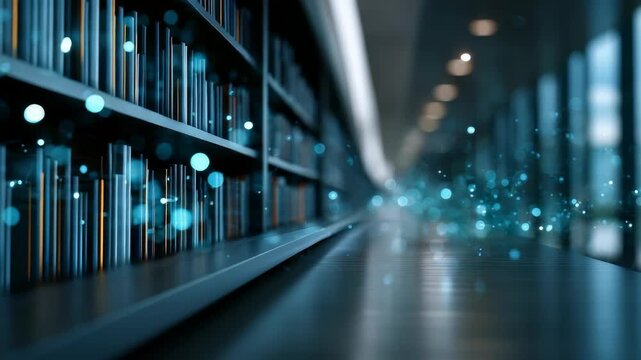 A contemporary library scene features rows of books and floating digital lights, representing innovation in education. The image blends tradition and digital transformation seamlessly