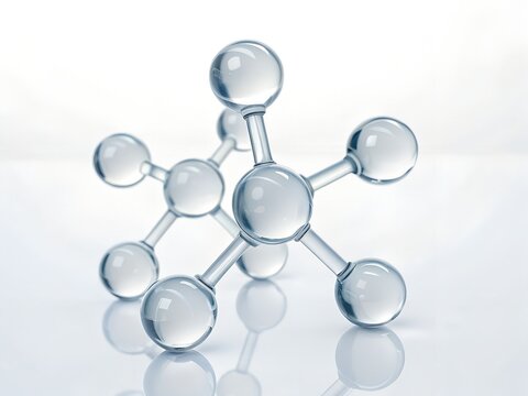 Two transparent molecular models with glass spheres and connecting rods on a reflective surface Keywords: molecular, model, molecule, science, chemistry, biology, research, structure, atom, bond