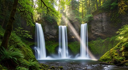 Obraz premium Three Sisters Falls in lush green forest with sunbeams.