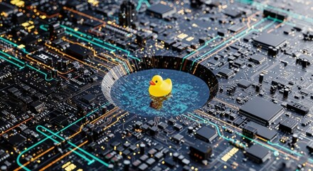 Rubber ducky floating in a digital pool on a computer motherboard