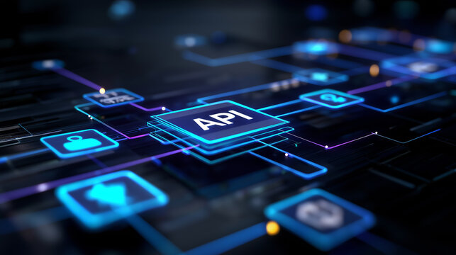 Futuristic digital interface showing API connections in a glowing network. 
