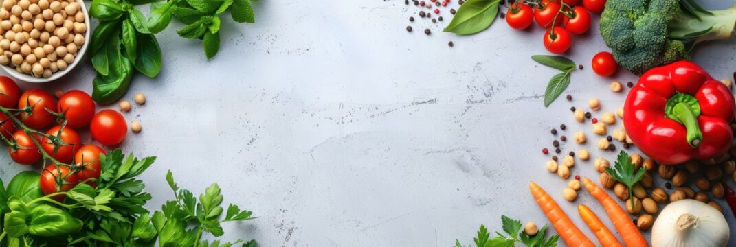 Celebrating world vegan day with fresh vegetables and herbs for a healthy lifestyle. Template with fresh vegetables. Horizontal banner. Copy space. Healthy Food. World Vegetarian Day