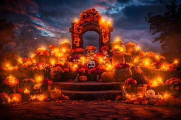 Day of the Dead cemetery at night in Mexico