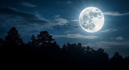 Luminous full moon in dark night sky over silhouetted forest with flock of flying birds