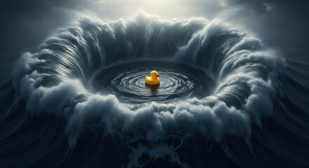 Solitary Yellow Rubber Duck Adrift in a Wave Vortex