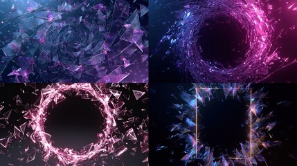 Four vibrant, abstract compositions featuring shattered glass effects with dynamic color gradients