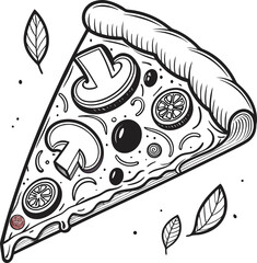 Delicious pizza slice with mushrooms and olives isolated on white background, a culinary delight in a simple vector style illustration