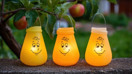 Bright and Cheerful Decorative Lanterns with Smiley Faces on a Garden Background Full of Greenery and Apples