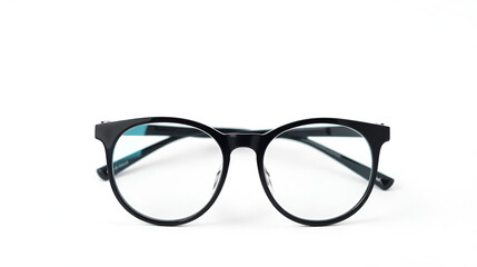 Black eyeglasses in round frame transparent for reading or good vision, front view isolated on white background