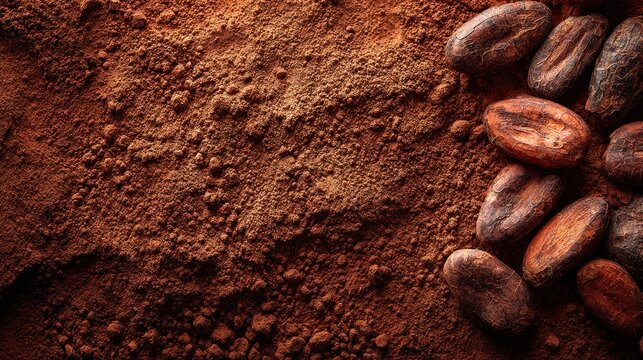 Natural chocolate background, textured cocoa powder surface, scattered cocoa beans, earthy organic brown tones, soft natural light, warm artisan inspiration, calm and authentic design, commercial.