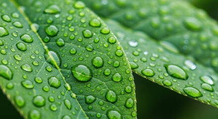 Fresh Green Leaves Adorned with Sparkling Water Droplets Macro Shot