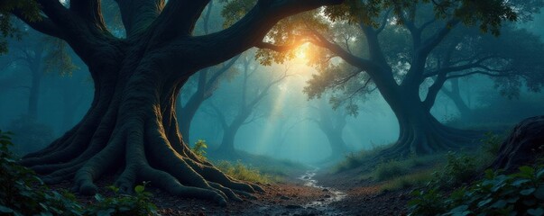 Ancient gnarled trees, ethereal glow, dark forest,  dark fairy tale,  spooky