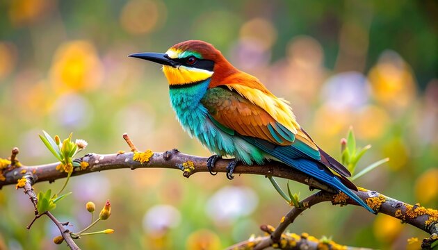 Vibrant bird perched on a branch, surrounded by spring blossoms