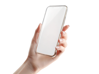 Hand holding white smartphone with gold trim image, Isolated, Png Transparent Background