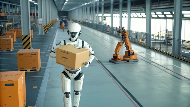 Advanced bipedal android worker carrying a delivery package through the vast aisles of an automated logistics center