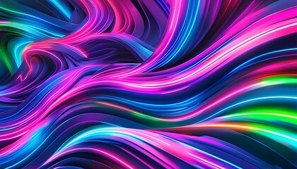 Vibrant abstract flowing neon light streaks in a dynamic swirling pattern of pink blue and green creating a sense of energy and movement for futuristic backgrounds