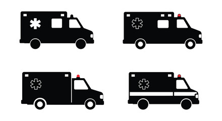Simple black and white illustrations of various ambulance vehicle designs