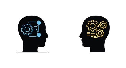 Conceptual illustration of two human heads with gears inside thinking processes