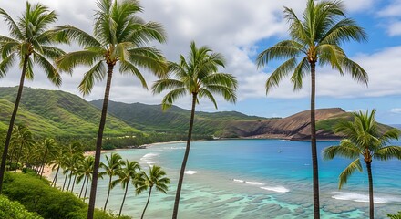 Tropical paradise with palm trees and ocean view.