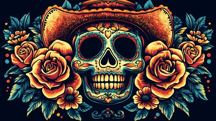 Mexican sugar skull illustration with flowers